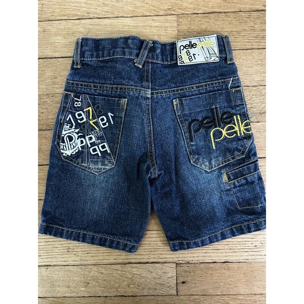 Pelle Pelle Denim Kids Size 4 Shorts Blue Yellow Embellished Pockets Jeans